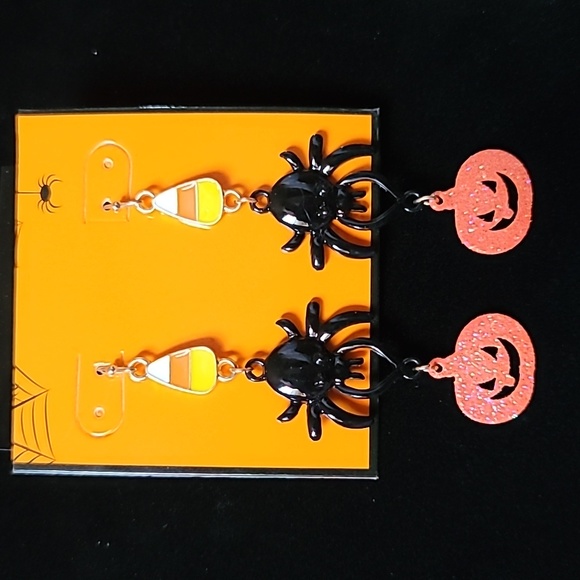 New! HALLOWEEN Candy Corn Spider Jack O Lantern Linear Hook Earrings. - Picture 1 of 6